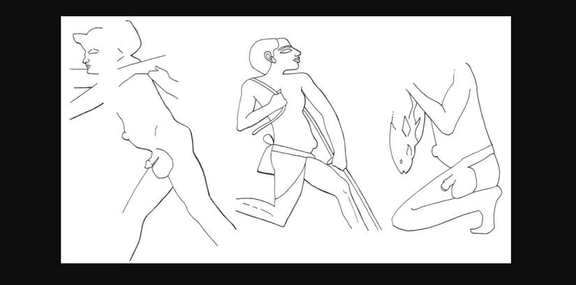 Ptahhotep'in Altıncı Hanedan mastabası ve Sakkara'daki Mehu'nun Beşinci Hanedan mezarındaki sahnelerden olası göbek fıtığı örnekleri .