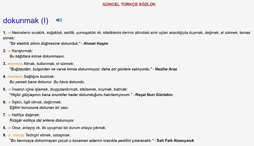 Türk Dil Kurumu'na göre "dokunmak" sözcüğünün anlamları.