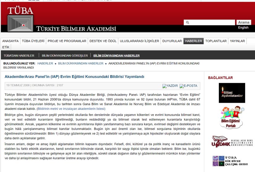 Türkiye Bilimler Akademisi: Evrim Eğitimi Bildirisi İmzası