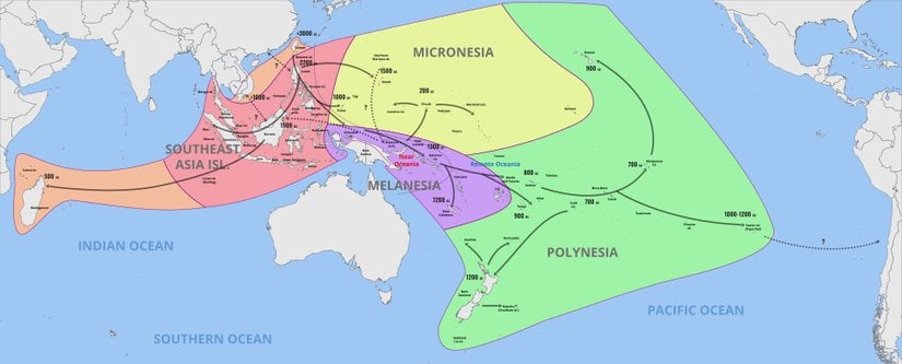 MÖ 3000 civarında başlayan Austronesyalıların deniz yoluyla göçünü ve yayılmasını gösteren bir harita