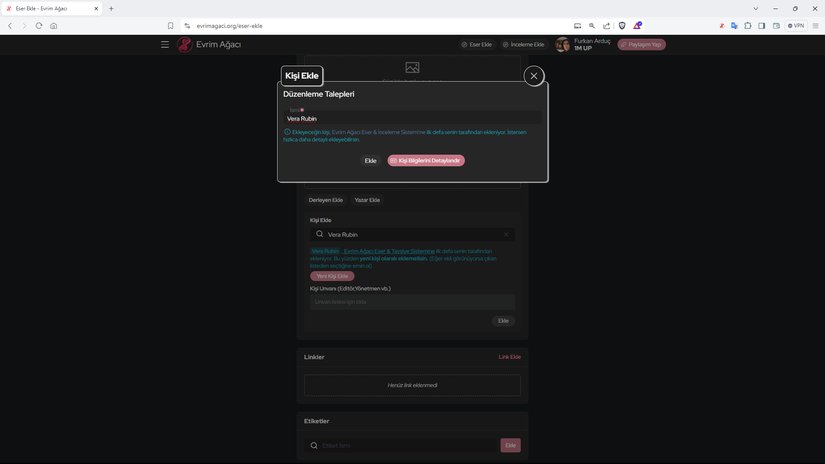 "Ekleyeceğin kişi, Evrim Ağacı Eser & İnceleme Sistemi'ne ilk defa senin tarafından ekleniyor. İstersen hızlıca daha detaylı ekleyebilirsin."