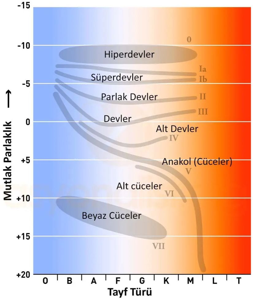 Grafikte, HR diyagramı üzerinde yer alan ışıtma sınıfları yer alıyor. 1943 yılında; Yerkes Gözlemevi’nin astronomları Morgan, Keenan ve Kellman, tayf türlerine ek olarak bir sınıflandırma daha yaptı. Yıldızları, taşıdıkları karakteristik tayf çizgilerine göre O, B, A, F, G, K, M şeklinde sınıflandırmak oldukça kullanışlıydı, aynı türden görünen bazı yıldızlar, farklı özellikler sergiliyordu. Aynı tayf çizgilerine sahip olmalarına rağmen, tayf çizgilerinin genişliği farklıydı. Tayf türlerini, alt sınıflara numaralarla ayırdıkları için (G2, K5, M4 gibi), bu sınıflara I, II, III, IV ve V şeklinde Roman sayılarını verdiler. Buradaki sayı I’den V’e doğru gittikçe, çizgi genişliği artmaktadır. Böylelikle şu anda da kullandığımız sınıflandırma işlemi belirlenmiş oldu. Bugün Güneş için yaptığımız sınıflandırmada ona G2V sınıfından bir yıldız deriz. Bu onun G2 tayf türünden ve V ışıtma sınıfından bir yıldız olduğunu, yani anakola ait sarımsı-beyaz bir yıldız olduğunu söyler. Burada 0 sınıfı hiper devleri, I sınıfı süper devleri, II sınıfı parlak devleri, III sınıfı devleri, IV sınıfı alt devleri, V sınıfı anakolu (cüceleri), VI sınıfı alt cüceleri ve VII sınıfı ise beyaz cüceleri tanımlar.