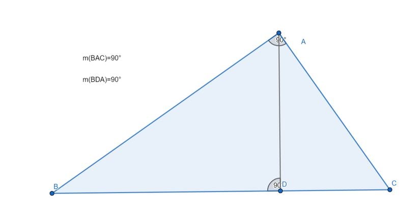 Bu ABC dik üçgeninde A köşesinin yüksekliği |AB|,  B köşesinin yüksekliği |BA| ve C köşesinin yüksekliği |CA| olur. Bu yükseklikler A noktasında kesişir.