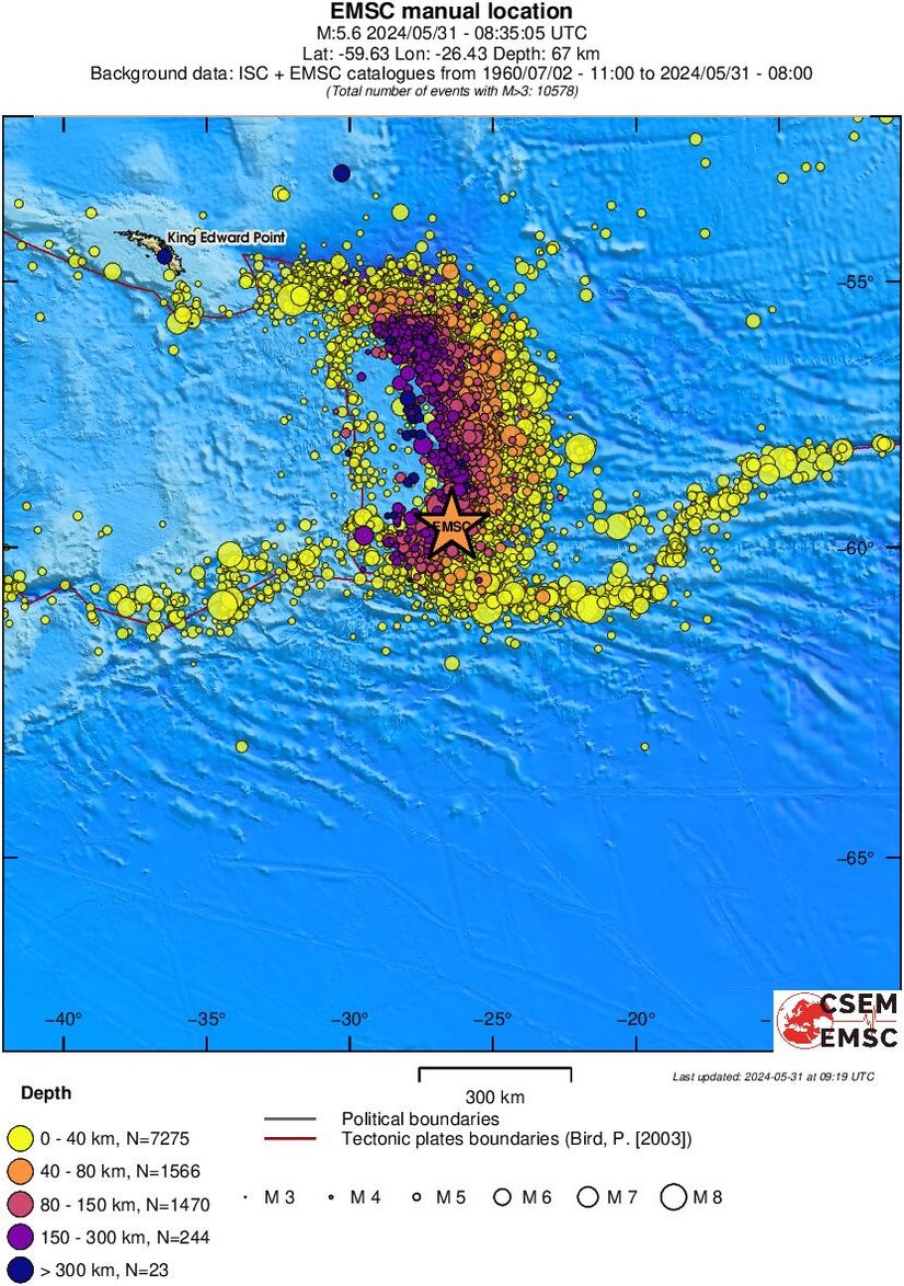 31 Mayıs 2024 Güney Sandwich Adası depremi (turuncu yıldız) ve Scotia plakasının Güney Sandwich Adaları bölgesinde 1960'dan günümüze kadar olmuş depremlerin haritası.