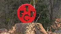 Auch Logo des FCK - neue Figuren aus Holz im Pfälzerwald