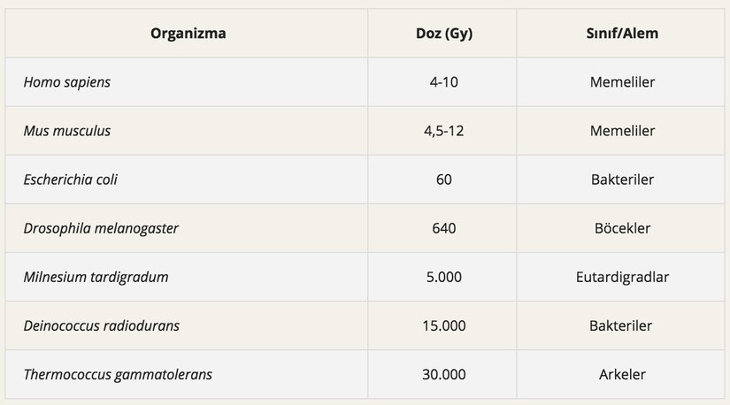 Ölümcül radyasyon dozları.