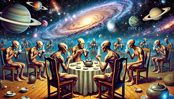 Görselde kozmik bir ortamda yer alan "Tip 21" medeniyeti, galaksiler ve yıldızlar arasında sonsuz bir çay odasında toplanmış. Farklı biçimlerdeki gelişmiş varlıklar huzurlu ifadelerle mükemmel çayı demlemeye odaklanmış. Evrenin sonsuzluğunu çay demlemenin basit zevkiyle birleştiren bu sahne hem sakin hem de absürt bir mizahi ton taşıyor.