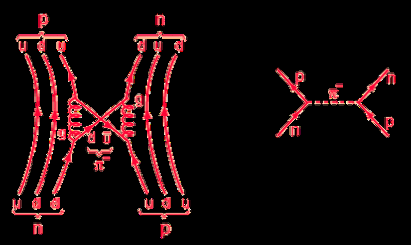 Taslak, nükleonlar arasındaki gluon etkileşiminin alabileceği birçok formdan birini gösterme girişimidir; bu, yukarı anti-çift üretimini ve yok etmeyi içerir ve nükleonlar arasında bir pion köprü oluşturur. g ile gösterilen gluondur. Gluonlar arasında enerji köprüsü oluşturmada pion'lar (Bir tür mezon) görev alabilir ancak unutulmamalıdır ki pion'u oluşturan kuvveti de gluonlar sağlar. Yani aslında aradaki pion köprüsü kompozit bir gluon bağlantısıdır.