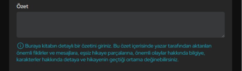 "Buraya kitabın detaylı bir özetini giriniz. Bu özet içerisinde yazar tarafından aktarılan önemli fikirler ve mesajlara, eşsiz hikaye parçalarına, önemli olaylar hakkında bilgiye, karakterler hakkında detaya ve hikayenin geçtiği ortama değinebilirsiniz."