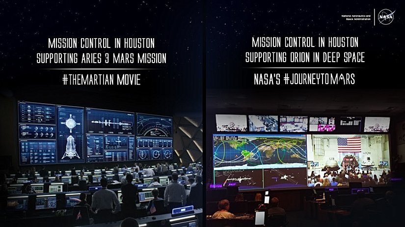 Marslı filminde gösterilen "Aries 3" görevinin NASA Johnson Uzay Merkezi (solda) ve NASA'nın Houston'da bulunan Johnson Uzay Merkezi'ndeki görev kontrol odasının gerçek görüntüsü (sağda)