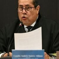 Special Jurisdiction of Peace (JEP) magistrate Camilo Suarez speaks at the sentence hearing of former FARC guerrilla leaders over kidnapping crimes committed during the Colombian armed conflict