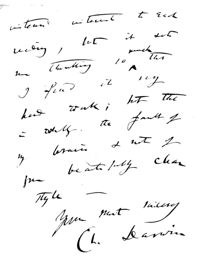 Darwin'in Galton'a "Hereditaty Genius"kitabı hakkında yazdığı mektup. Okunması zor olsa da paragraf içinde anlattıklarımız görselin üst kısmında yer almaktadır. Altında Darwin'in imzasını "Yours most sincerely" ("En içten sevgilerimle") sözüyle birlikte görüyoruz.