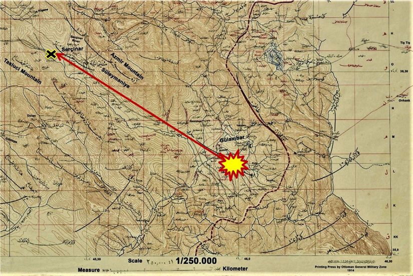 Olayların nasıl gerçekleştiğini gösteren harita: Gülambar'da atmosfere giriş yapan meteor, havada parçalanıp, kuş uçuşu 67 kilometre uzaktaki Serçinar bölgesine düşerek insanlara ve tarlalara zarar vermiştir.