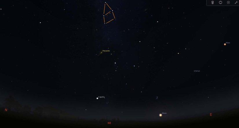 Turuncu ile işaretlediğimiz ev benzeri yapı Cassiopeia takım yıldızının bazı yıldızlarını barındırıyor ve gökyüzüne baktığınızda çok belirgin bir duruşu var, bu sayede doğru yöne baktığınızda kolaylıkla bulabilirsiniz. Perseus (Kahraman) takım yıldızı da bunun hemen altında Perseid'lerin olduğu bölgede, lakin onu gözle tanımak biraz daha zor.