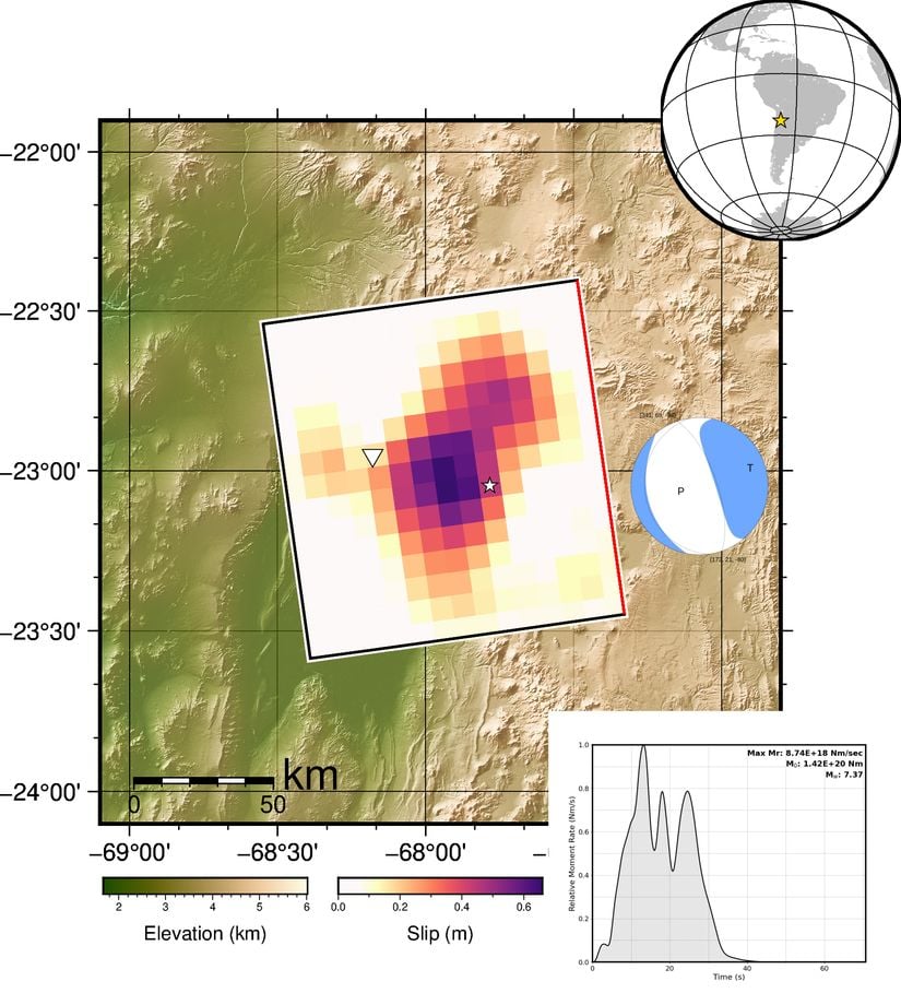 19 Temmuz San Pedro de Atacama depreminin kırdığı fayın gösterimi.