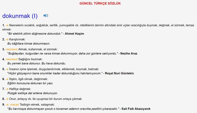 Türk Dil Kurumu'na göre "dokunmak" sözcüğünün anlamları.