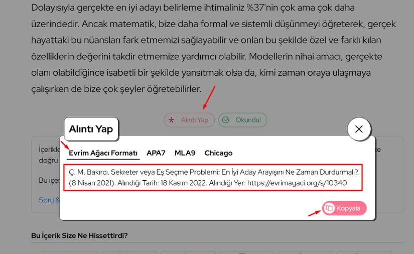 Yazılarımızın sonunda bulunan &quot;Alıntı Yap&quot; butonu ile bu bilgileri otomatik olarak üretebilirsiniz.