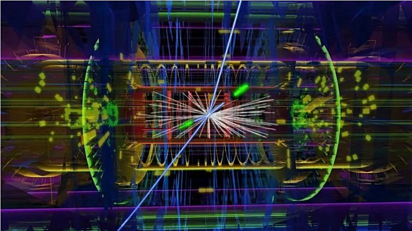 ”ATLAS detektöründe bir aday Higgs olayı. Açık imzalar ve enine izlerle bile, başka parçacıklardan oluşan bir yağmurun nasıl olduğuna dikkat edin; bunun nedeni protonların bileşik parçacıklar olmasıdır. Bu sadece Higgs'in bu parçacıkları oluşturan temel bileşenlere kütle vermesi nedeniyle geçerlidir. (ATLAS İşbirliği-CERN)Forbes”