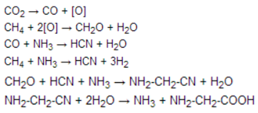 Miller-Urey Deneyi tepkime basamakları... Son basamaktaki son ürün glisin aminoasididir.