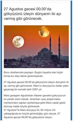 31 Ağustos'ta Mars yerküreye 2287 yılda bir en yakın konumunda iken geçecekmiş.
Mars'ı nasıl fark edebileceğiz? Ay'dan sonraki en parlak cisim mi?