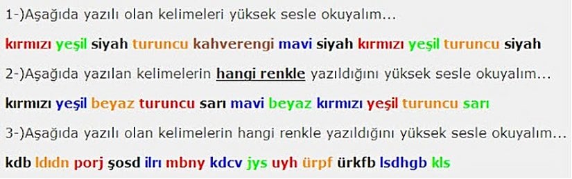 Stroop etkisi çalışması örneği