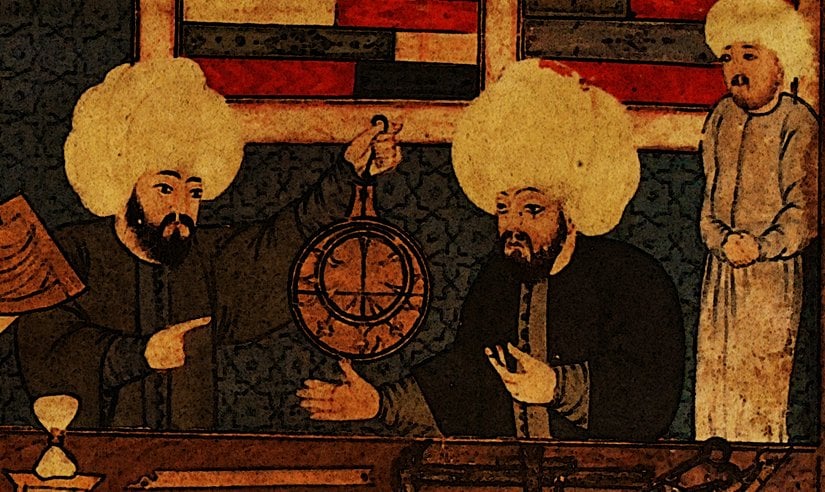 Takiyüddin’in, kurduğu rasathane’de yardımcısıyla çalışmasını gösteren tasvir