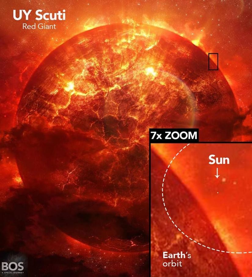 Resmi kayıtlarda geçen ve &quot;en büyük yıldızlardan biri&quot; olan UY Scuti, eğer ki Güneş'imizin yerini alack olsaydı, bu devasa yıldızın fotosfer tabakası Jüpiter'in yörüngesini yutacak kadar geniş olurdu! Bu yıldızın çapının 2.4 milyar kilometre ya da Güneş ile Dünya arasındaki mesafenin 15.9 katı olduğu hesaplanmaktadır. Yarıçapının Güneş'inkinin 1708 katı olduğu düşünülmektedir. &quot;Düşünülmektedir&quot; diyoruz; çünkü bu tip uzak ve devasa yıldızların büyüklükleri ilgili hesaplamalarda hata payları bulunmaktadır ve bu sebeple &quot;en büyük yıldız&quot; sıralaması da zaman içerisinde yeni yıldızlar keşfedilmese bile, daha öncekilerin daha net ölçülmesi sonucunda değişebilmektedir.