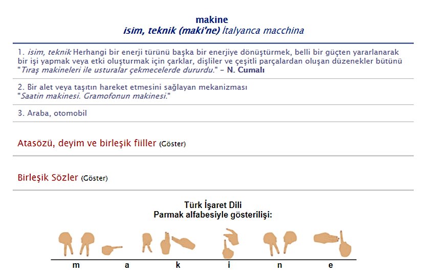 TDK Genel Türkçe Sözlük'te ''makine'' girdisi