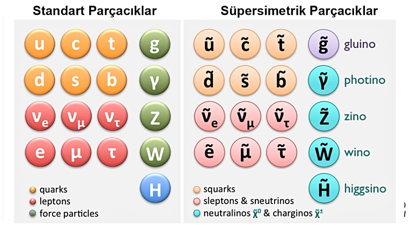 Standart Model parçacıkları ve Süpersimetri Prensibi ile eklenen parçacıklar