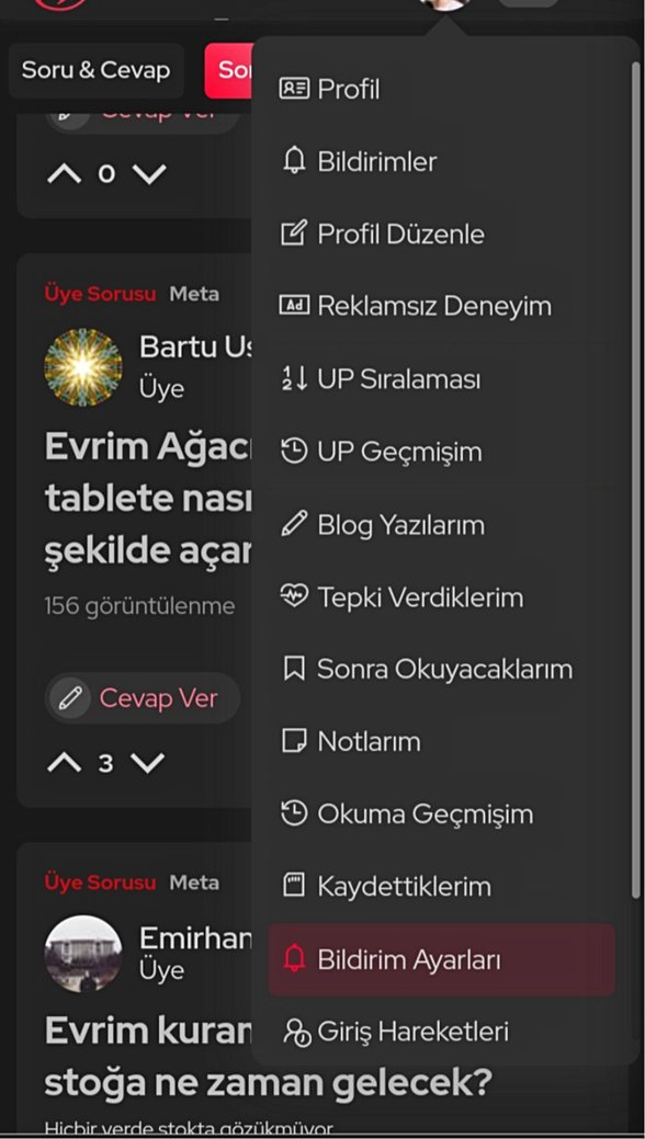 Profile tıklayına açılan liste.