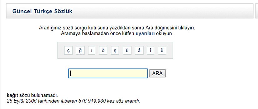 TDK'nin Güncel Sözlük'ünde "kağıt" sözcüğünü aratınca çıkan uyarı...