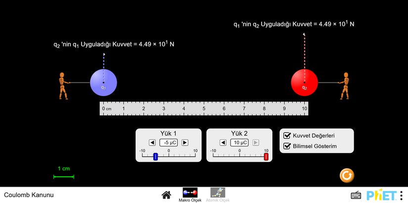 q1=-5µC ve q2=10µC iken F kuvveti.