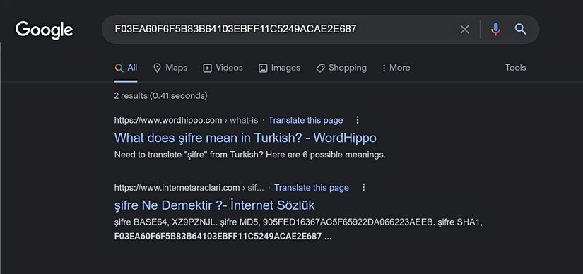 Hash değeri aratılarak bulunan bir şifre