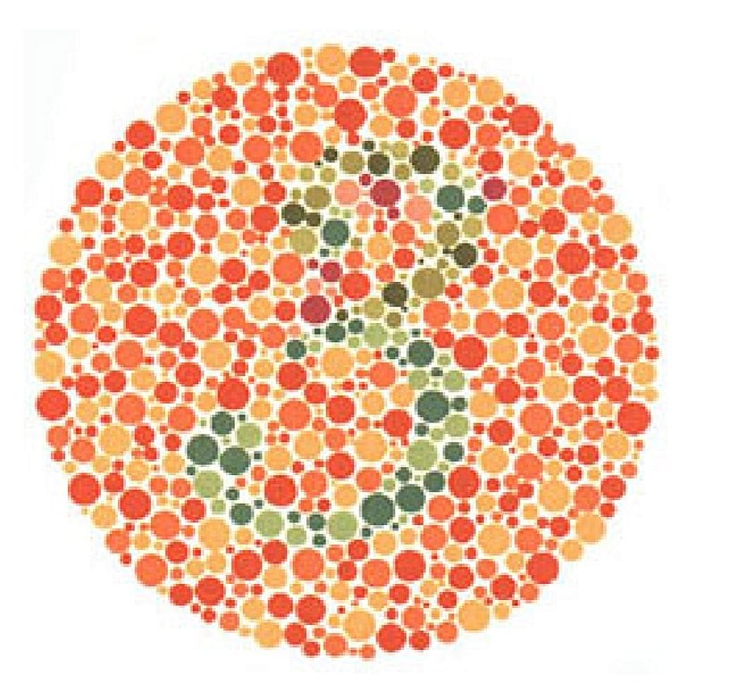 Plaka 7: Normal görüşlüler 3, kırmızı-yeşil renk körleri 5 sayısını görmeli.