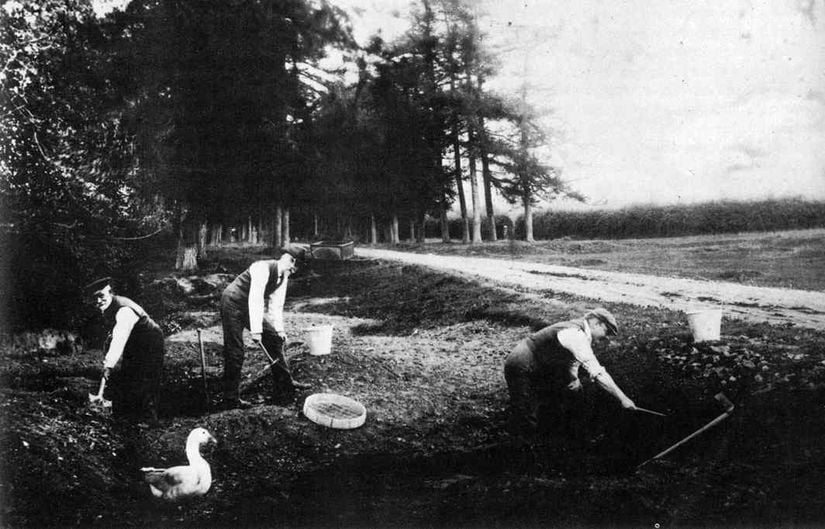 Charles Dawson (sağda) ve Smith Woodward (ortada) Piltdown çakıllarını kazıyor.