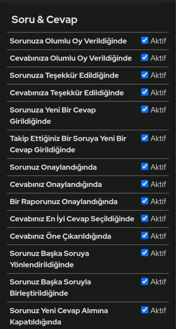 Seçeneklerin bir kısmı.
