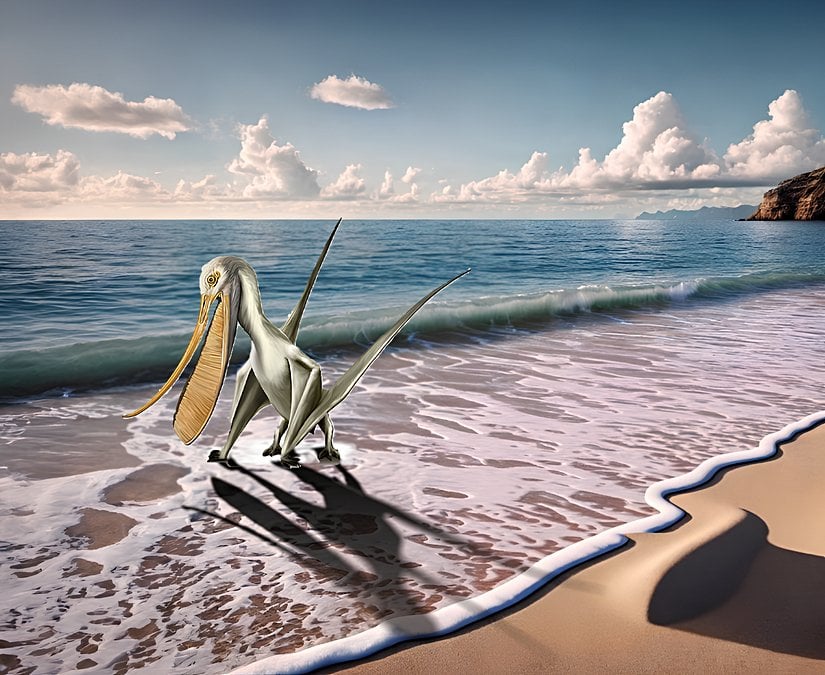 Pterodaustro okyanus kenarında.  Arka plan DALL-E 3 kullanılarak oluşturulmuştur.  Photoshop: Alper Kaan Selçukoğlu