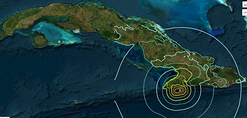 Bartolomé Masó, Küba depreminin merkez üssü ve depremin ürettiği en büyük yer ivmesinin dağılım haritası.