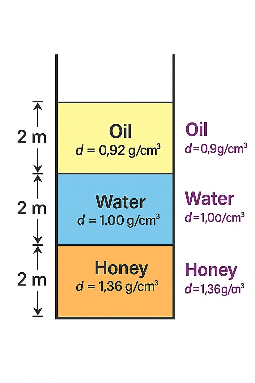 Bir kap içerisinde birden fazla farklı yoğunlukta olan sıvıları görmektesiniz. Yoğunluğu en büyük olan bal en aşağıya çöker, yoğunluğu en küçük olan yağ en üste çıkar.