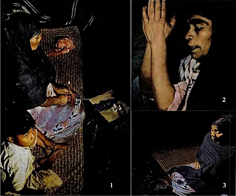 1- Şifacı, ruhları çağırıyor. Fotoğrafta bir çocuk görünüyor, ayin sırasında çocuklar aktif bir görev almamış olsa da odada bulunmuştur.  2- Şifacı ilahi söylüyor: "Ben iyi değil miyim? Ben bir yaratıcı, yıldız, ay ve cennet kadınıyım. Ben bir bulut, çimenlerin üzerindeki çiy insanıyım."  3- Şifacı meditasyon yapıyor.