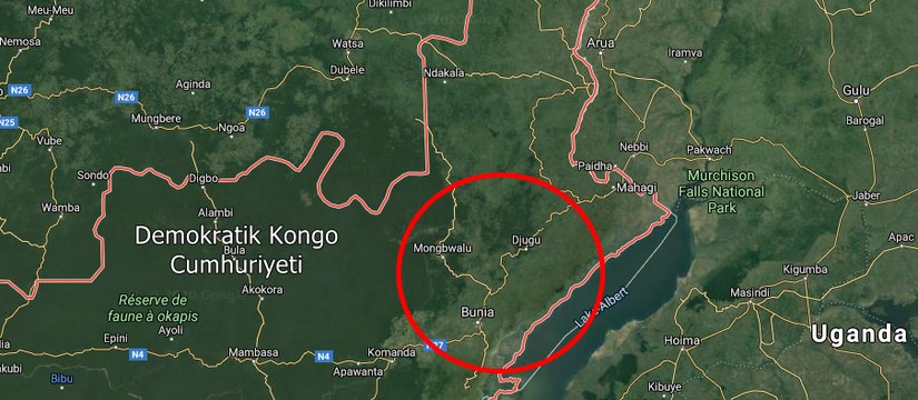 Demokratik Kongo Cumhuriyeti Djugu ve Bunia bölgesi (vakaların bildirildiği köyler bu çevrede).