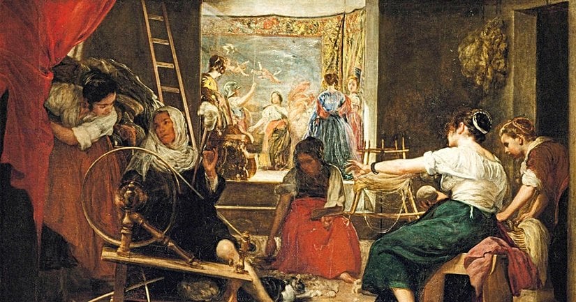 Diego Velázquez – Las Hilanderas (Dokumacılar). Resmin arka kısmında, bir duvarda Arakne’nin halısı (tanrıların yanlışlarını gösteren) tasvir edilmiştir.