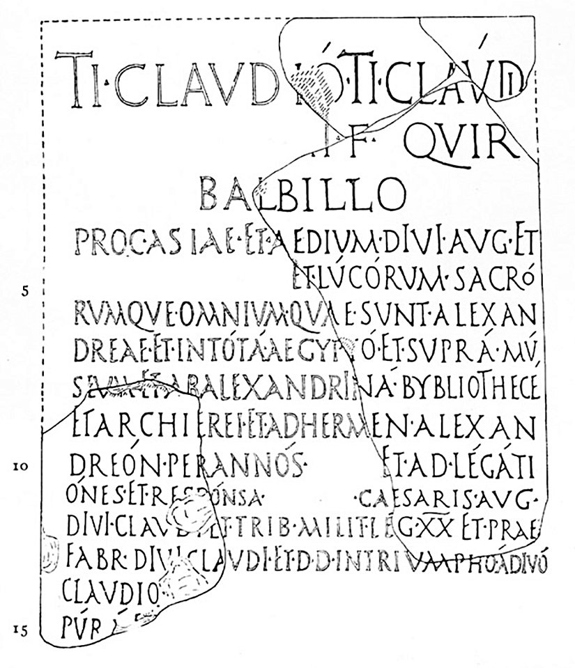 Romalı Tiberius Claudius Babillus'a (MS 56) ait olan ve İskenderiye Kütüphanesi'nin MS birinci yüzyılda bir şekilde var olduğunu doğrulayan yazıtın çizimi.