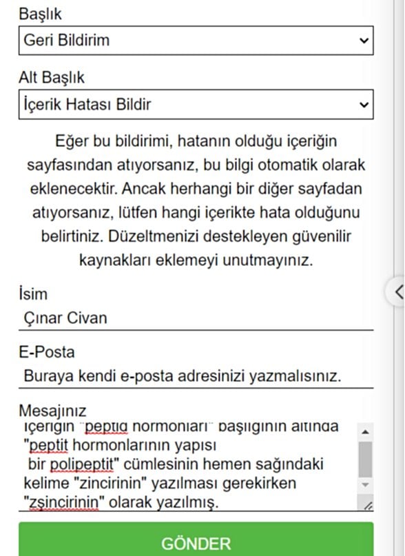 Evrim Ağacı makalesi içindeki "bize ulaş" seçeneğindeki "geri bildirim" başlığı ve "içerik hatası bildir" alt başlığının seçeneklerini gösteren bir örnek görsel.