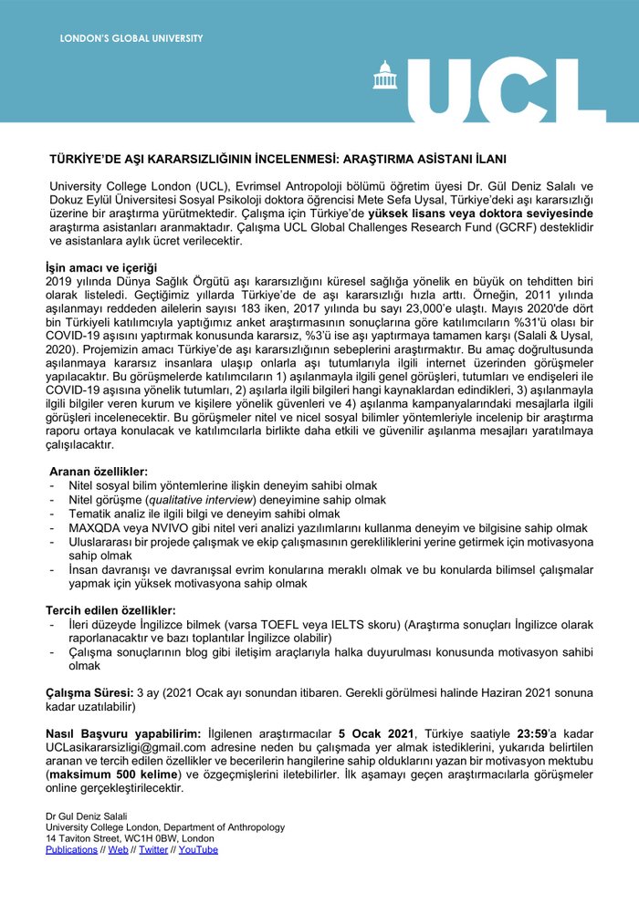 Türkiye'de Aşı Kararsızlığının İncelenmesi: Araştırma Asistanı İlanı