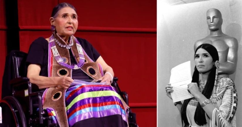 Solda: Sacheen Littlefeather Akademi'de 17 Eylül'de konuşmasını gerçekleştiriyor (2022). Sağda: Sacheen Littlefeather Oscar ödüllerinden sonra Brando'nun yazısını medyayla paylaşıyor (1973).