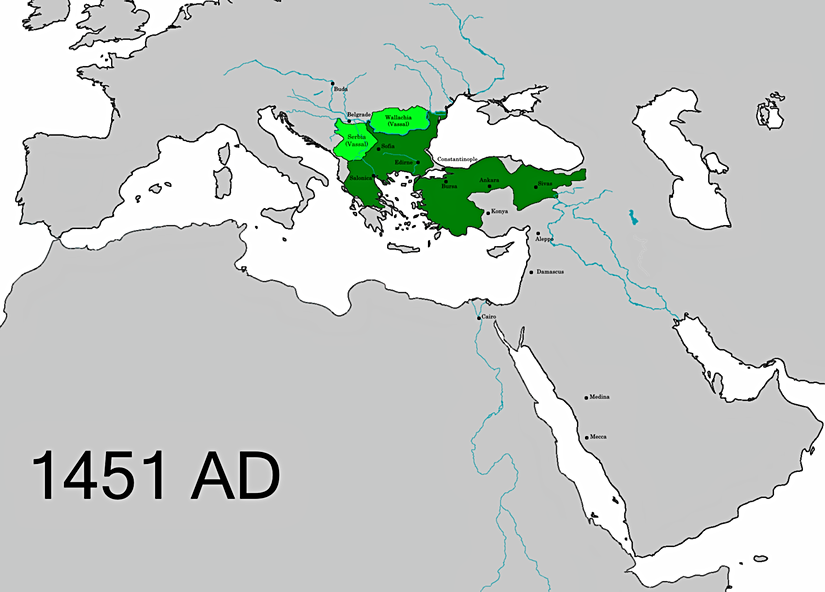 2. Mehmet'in ikinci kez tahta çıktığı 1451 yılında Osmanlı Devleti'nin toprakları. Koyu yeşil topraklar devlete ait, açık yeşil olanlar ise Avrupa feodal sisteminde, derebeyine (feodal lord) hizmet karşılığında, kendisine toprak ve köylü (yurtluk) tahsis edilen vasallardır.