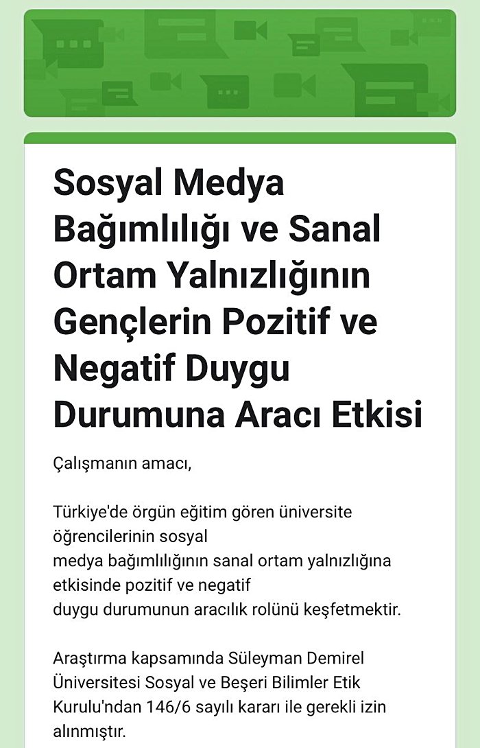 Sosyal Medya Bağımlılığı ve Sanal Ortam Yalnızlığı Konulu Anket