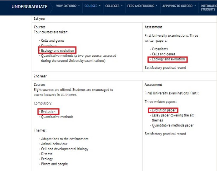 Oxford Üniversitesi Biyoloji Lisans Müfredatı.