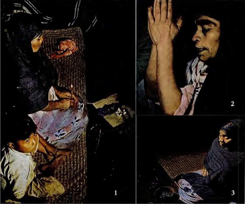 1- Şifacı, ruhları çağırıyor. Fotoğrafta bir çocuk görünüyor, ayin sırasında çocuklar aktif bir görev almamış olsa da odada bulunmuştur.  2- Şifacı ilahi söylüyor: "Ben iyi değil miyim? Ben bir yaratıcı, yıldız, ay ve cennet kadınıyım. Ben bir bulut, çimenlerin üzerindeki çiy insanıyım."  3- Şifacı meditasyon yapıyor.